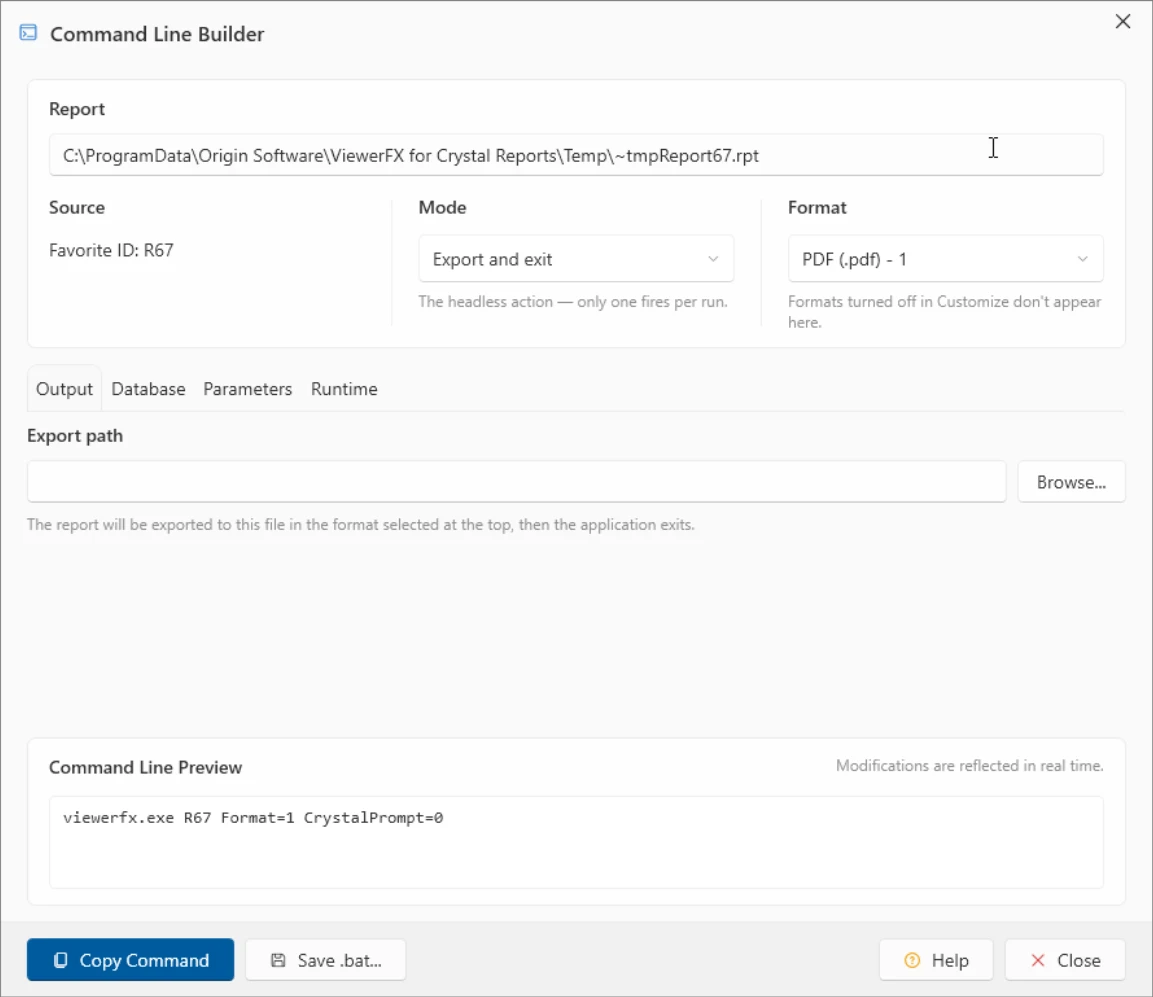 ViewerFX Command Line Builder with report source, export mode, format selection, and a command line preview