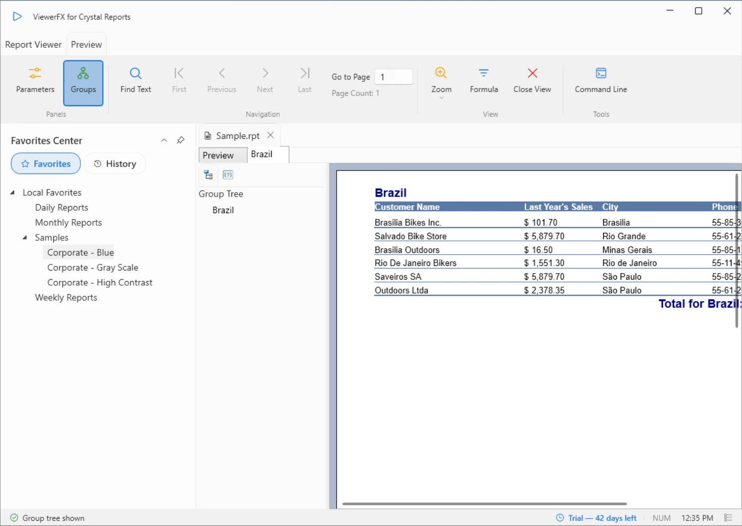 ViewerFX showing a drilled-down group in its own tab with the Group Tree panel and a sample customer table