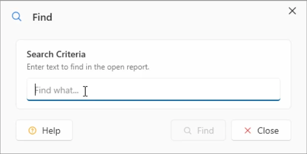 ViewerFX Find dialog with a search criteria field for finding text in the open report