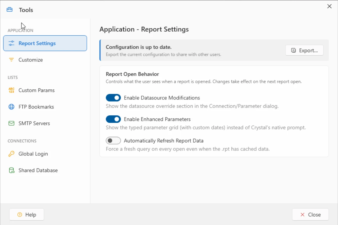 ViewerFX settings window showing the Application Report Settings page with toggles for report open behavior